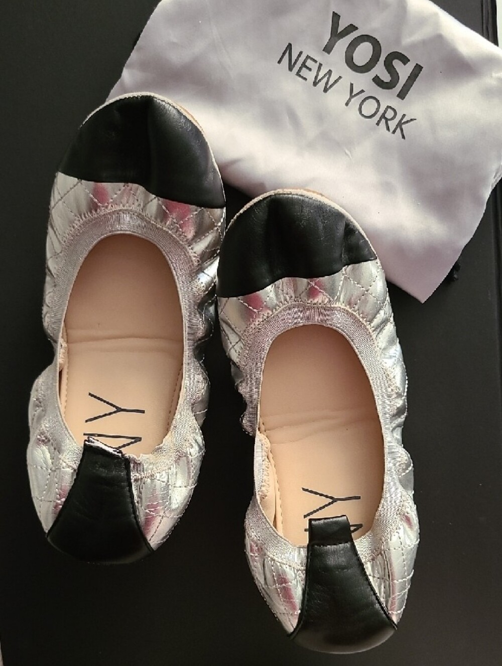 Two-Tone Silver and Black Quilted Ballet Flats, Yosi Lexington, Size 8M